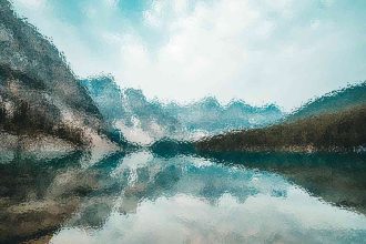 Abstract landscape with jagged mountains reflected on calm water, under a pale turquoise sky.