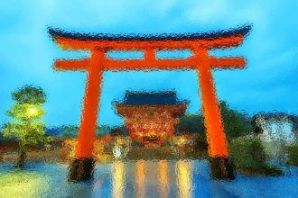 Red torii gate in front of a shrine, reflected in a rippled water surface.