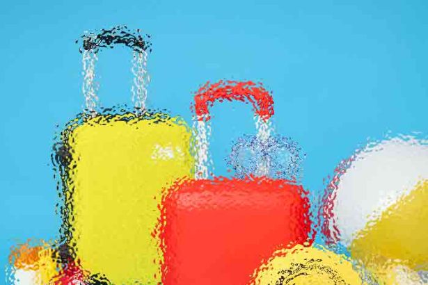 Brightly colored travel luggage set on a blue background: yellow suitcase, red bag with a handle, and a yellow oval object nearby, all with a glossy abstract look.