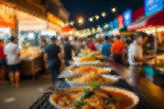 Vibrant night market scene with colorful stalls, string lights, and a crowd around food tables at night.