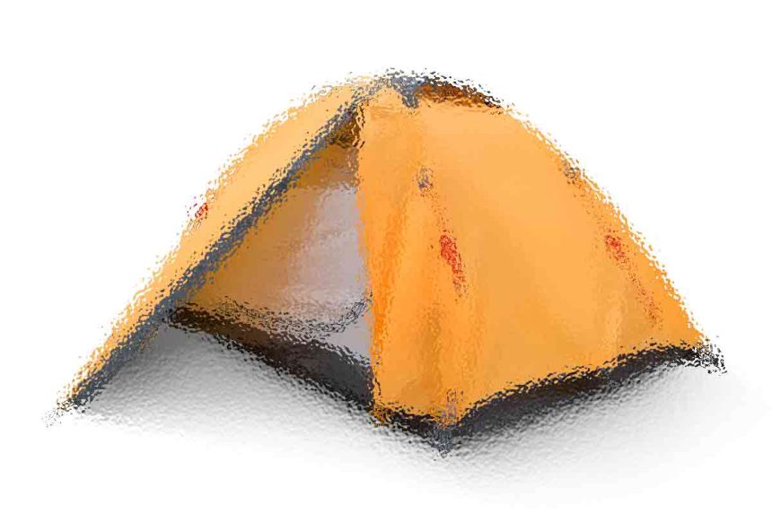 Orange camping tent on a white background, viewed from the side with its entrance visible