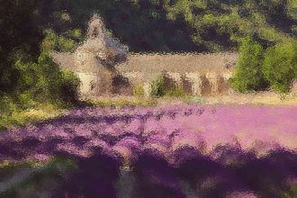 Impressionistic scene of a purple lavender field with a pale house and trees in the background.