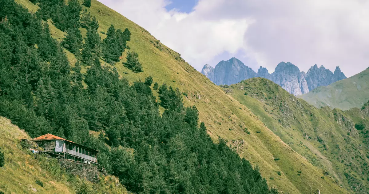 Slope-covered mountainside with dense evergreen trees and a small wood cabin with red roof on the hillside, distant jagged peaks visible in the background.