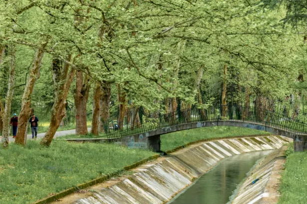 Leafy park with a curved metal bridge over a narrow canal and two people walking along the path beneath green trees.