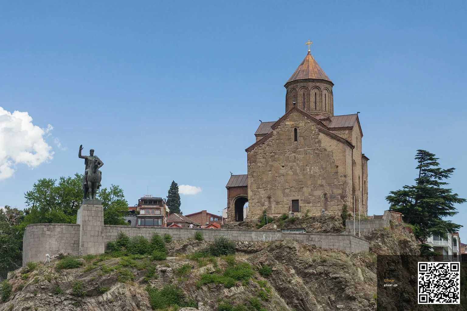 Metekhi Church and the equestrian statue of King Vakhtang Gorgasali overlook Tbilisi's old town.