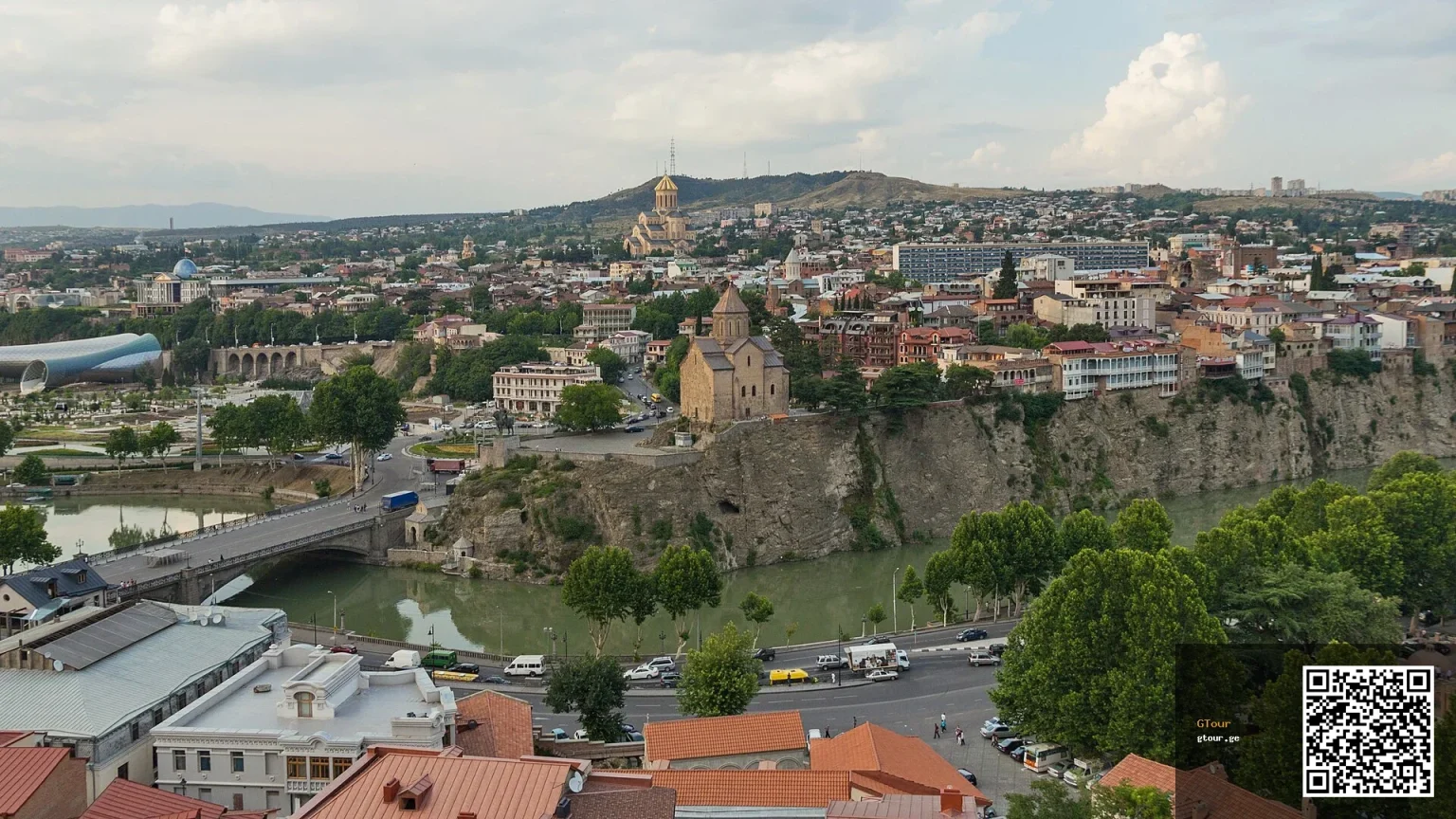 Panoramic view of Tbilisi's old town and river, a top destination for tourists in Georgia.