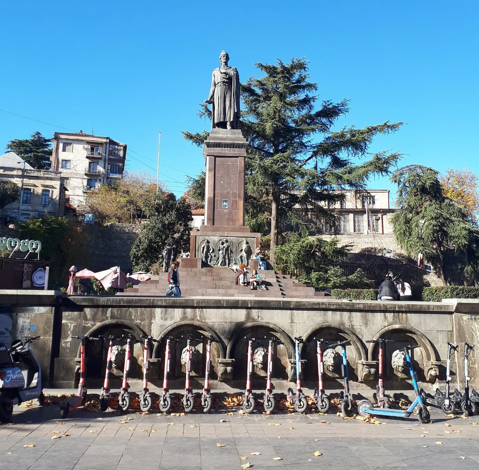 The Rustaveli monument stands in central Tbilisi, honoring the author of the national epic.