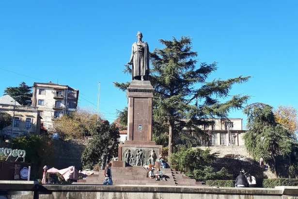 The Rustaveli monument stands in central Tbilisi, honoring the author of the national epic.