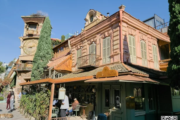 Café in Tbilisi's old town, the kind of spot where remote workers often set up with laptops and coffee.