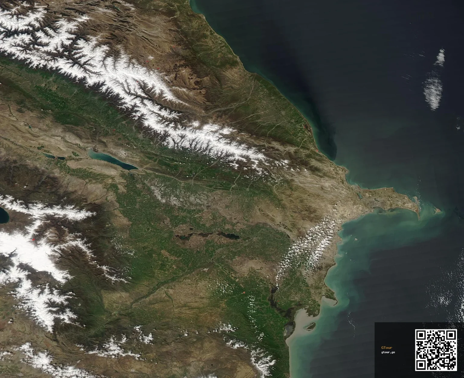 The Caucasus Mountains, seen from space, form the traditional boundary between Europe and Asia.