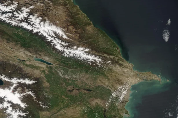 The Caucasus Mountains, seen from space, form the traditional boundary between Europe and Asia.