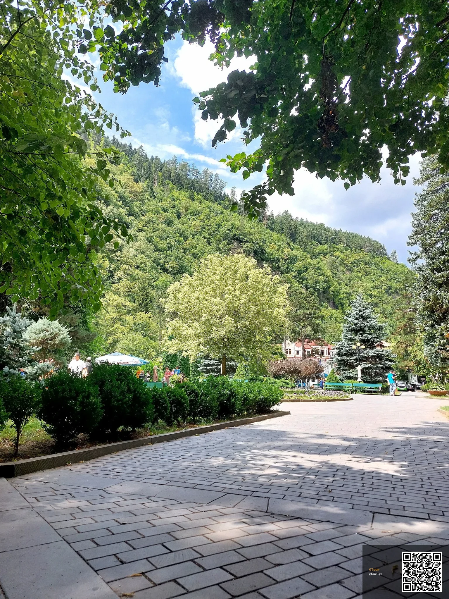 Borjomi Central Park entrance, a family-friendly resort popular with summer visitors escaping the Gulf heat.