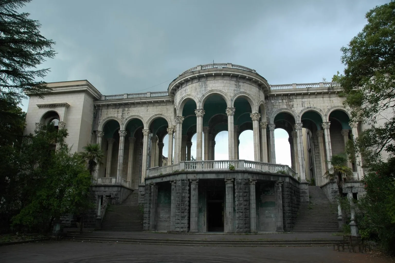 The grand colonnaded Medea bathhouse in Tskaltubo, famed for its radon-carbonate mineral baths.