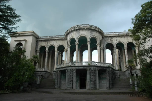 The grand colonnaded Medea bathhouse in Tskaltubo, famed for its radon-carbonate mineral baths.