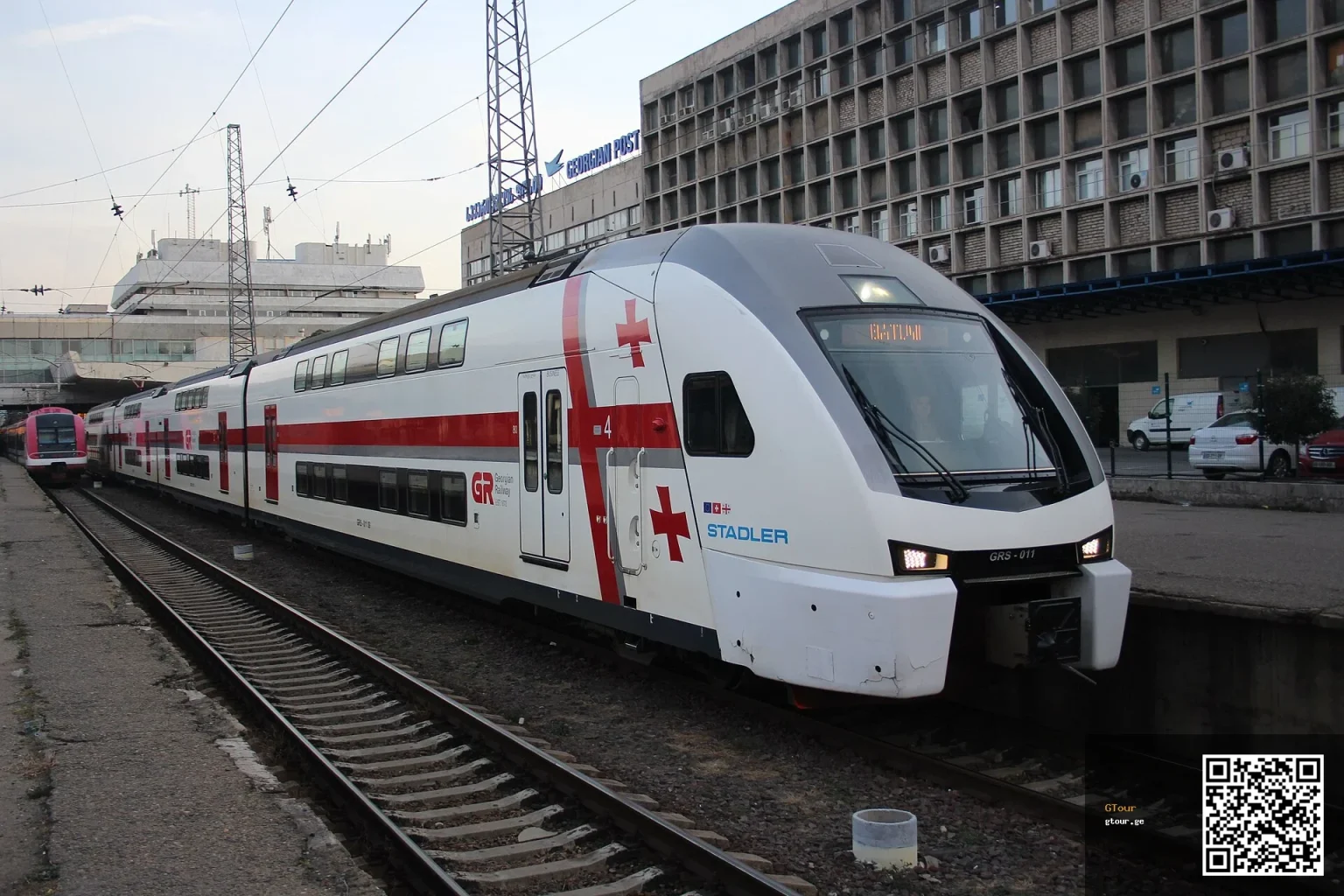 A modern Stadler KISS double-deck train used on the Tbilisi–Batumi route.
