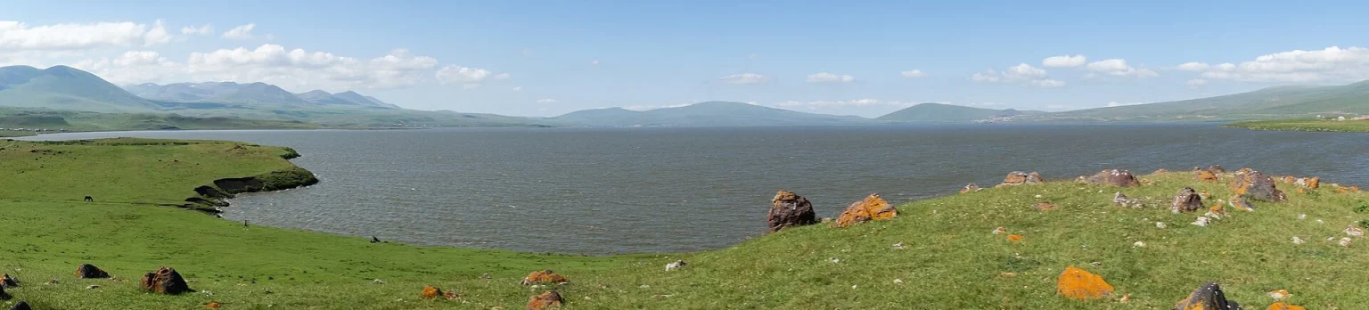Lake Paravani, one of Georgia's premier lake-fishing destinations in Javakheti, seen from its southern shore.