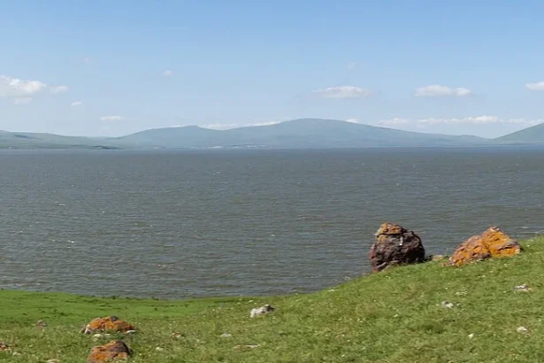 Lake Paravani, one of Georgia's premier lake-fishing destinations in Javakheti, seen from its southern shore.
