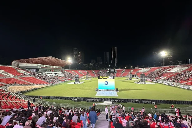 Crowd fills Mikheil Meskhi Stadium in Tbilisi for a Georgia national team football match.