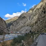 Trucks and cars queue for hours at the Upper Lars checkpoint on the Georgian Military Road.