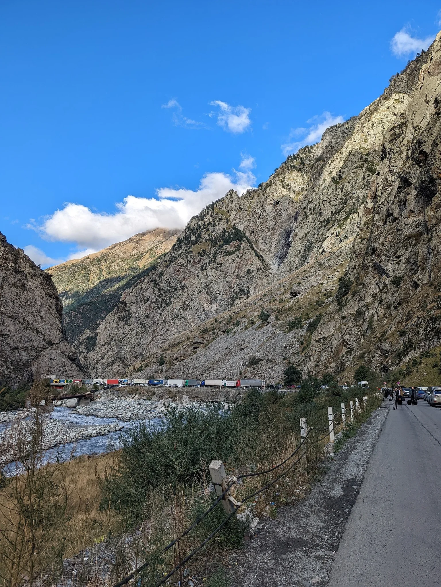 Trucks and cars queue for hours at the Upper Lars checkpoint on the Georgian Military Road.