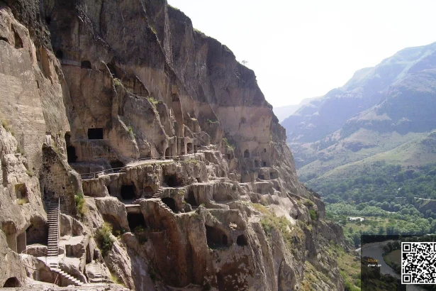 The cliffside cave monastery of Vardzia overlooks the Kura River valley.