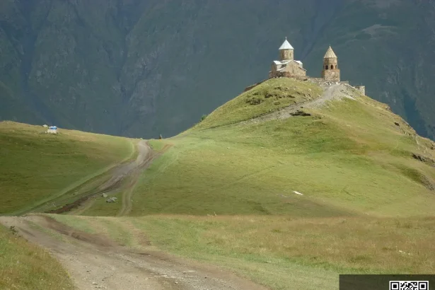 Gergeti Trinity Church near Kazbegi, one of Georgia's most iconic sights for visiting travellers.