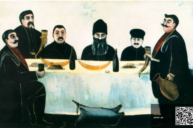 Niko Pirosmani's painting depicts a traditional Georgian feast with a tamada raising a horn toast.