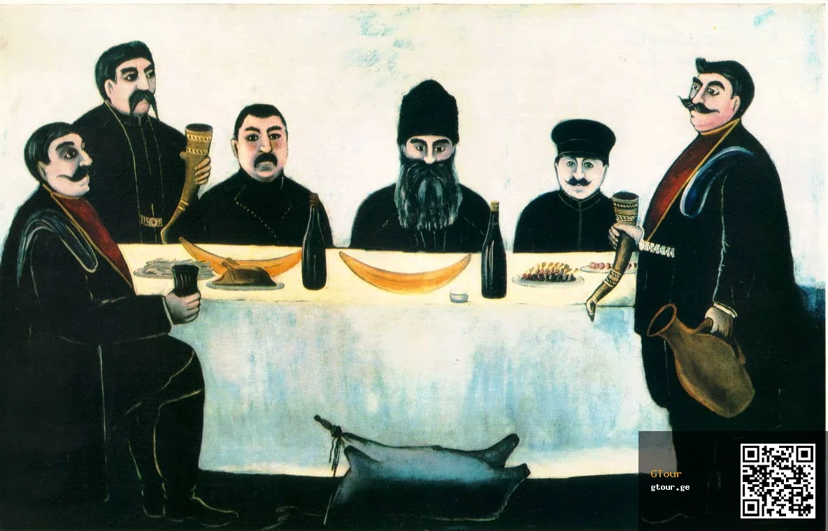 Niko Pirosmani's painting depicts a traditional Georgian feast with a tamada raising a horn toast.